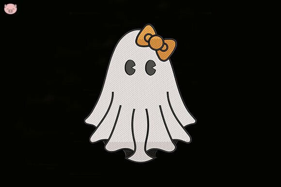 Cute Ghost with Orange Bow Embroidery